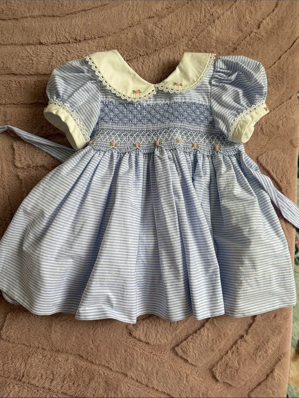 Smocked Blue & Cream Peter Pan Collar Kids Dress